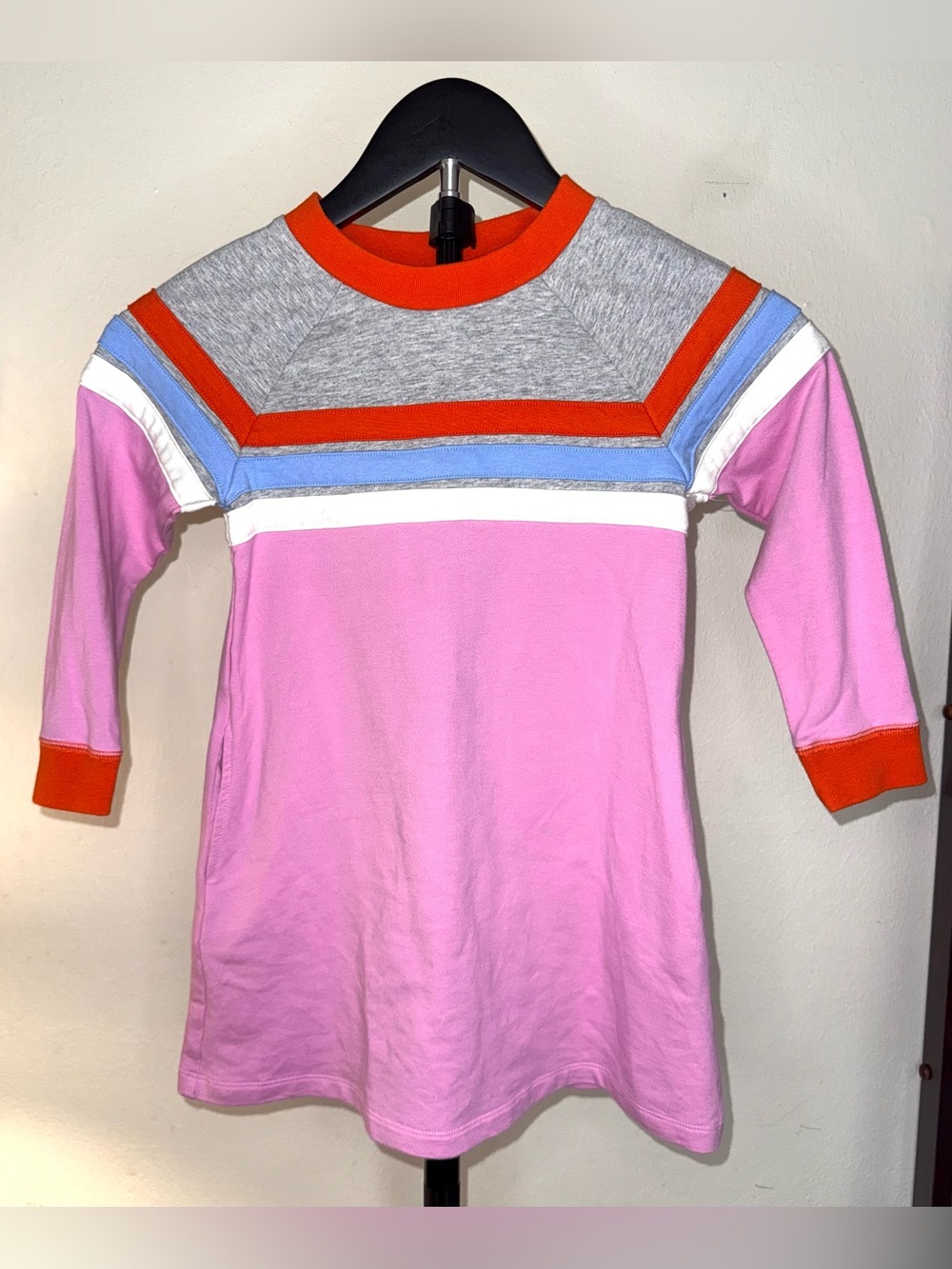 Mini Boden retro stripe raglan sweatshirt dress, size 4/5